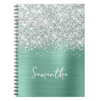 Silver Glitter Light Teal Glam Script Name Notebook