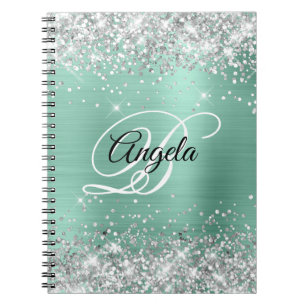 Silver Glitter Light Teal Metallic Fancy Monogram Notebook
