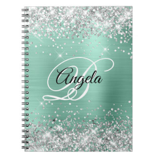 Silver Glitter Light Teal Metallic Fancy Monogram Notebook