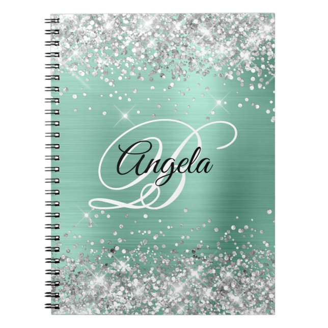 Silver Glitter Light Teal Metallic Fancy Monogram Notebook (Front)