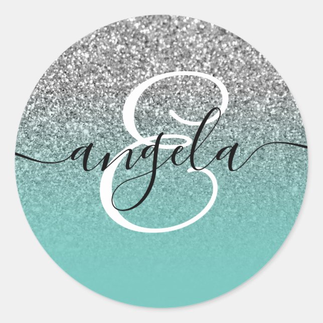 Silver Glitter Light Teal Ombre Monogrammed Classic Round Sticker (Front)