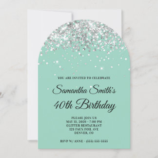 Silver Glitter Light Teal Photo 40th Birthday Invitation