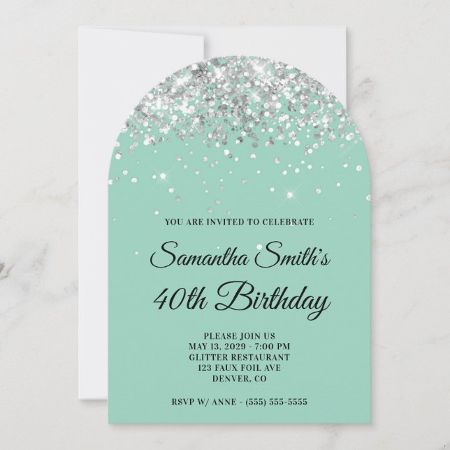 Silver Glitter Light Teal Photo 40th Birthday Invitation (Front)