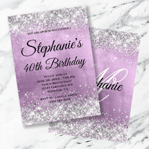 Silver Glitter Lilac Foil Fancy Monogram Invitation