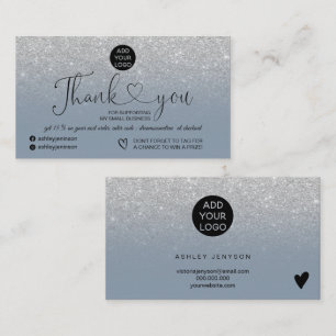 Silver glitter logo dusty blue order thank you business card