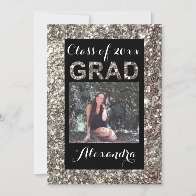 Silver Glitter-Look 1 Photo Graduation Invitation (Front)