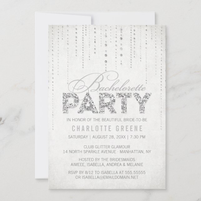 Silver Glitter Look Bachelorette Party Invitation (Front)