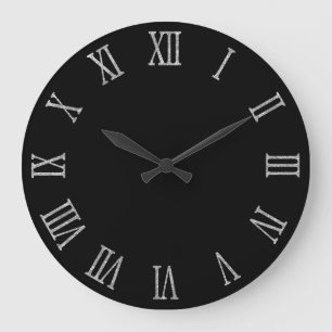 Silver Glitter Look Bold Roman Numerals Black Large Clock
