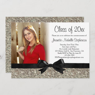 Silver Glitter-look Ribbon Bow Photo Graduation Invitation