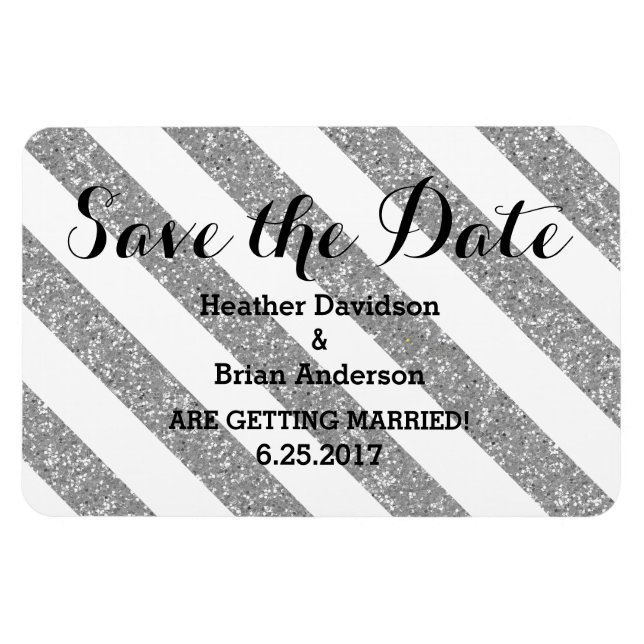 Silver Glitter Look Stripes Save the Date Magnet (Horizontal)