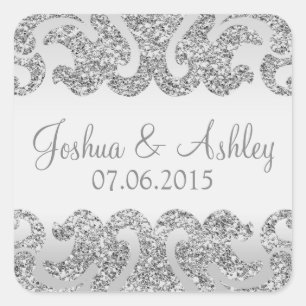 Silver Glitter Look Wedding Square Sticker