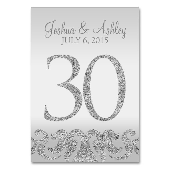 Silver Glitter Look Wedding Table Numbers-30 Number (Front)