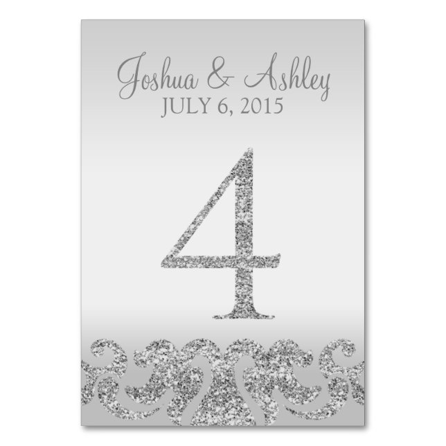 Silver Glitter Look Wedding Table Numbers-4 Table Number (Front)