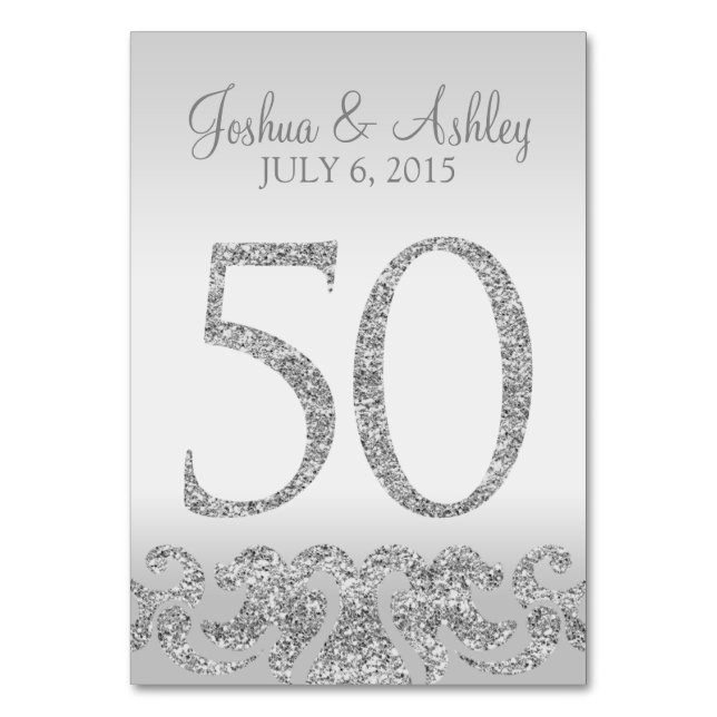 Silver Glitter Look Wedding Table Numbers-50 Table Number (Front)