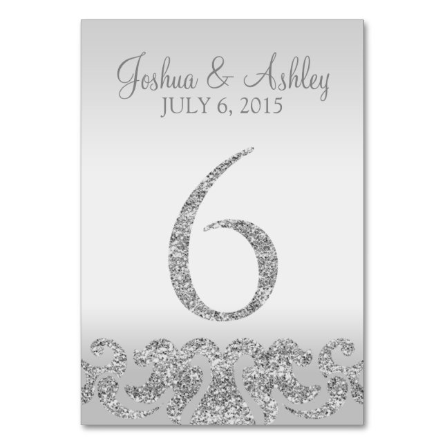 Silver Glitter Look Wedding Table Numbers-6 Number (Front)