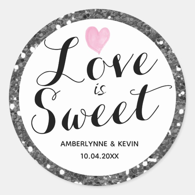 Silver Glitter Love is Sweet Classic Round Sticker (Front)