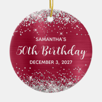Silver Glitter Magenta Berry 50th Birthday Ceramic Tree Decoration