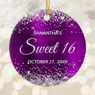 Silver Glitter Magenta Purple Foil Sweet 16 Ceramic Tree Decoration