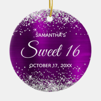Silver Glitter Magenta Purple Foil Sweet 16 Ceramic Tree Decoration
