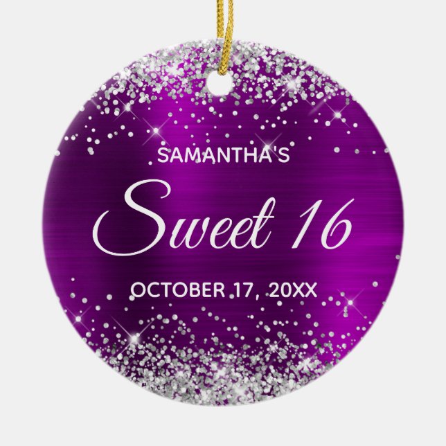 Silver Glitter Magenta Purple Foil Sweet 16 Ceramic Tree Decoration (Front)