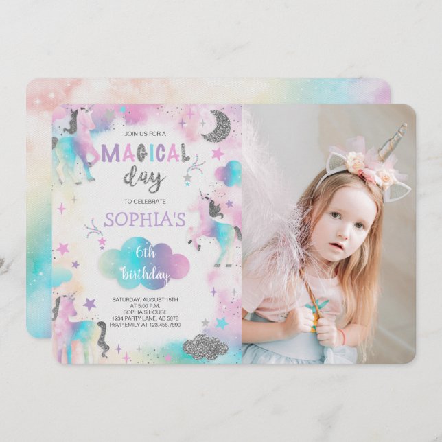 Silver Glitter Magical Unicorn Birthday Photo Invitation (Front/Back)