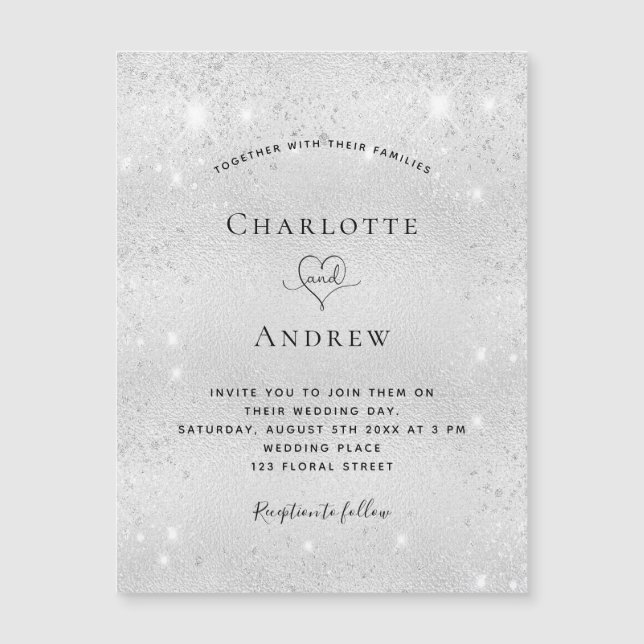 Silver glitter magnet wedding invitation (Front)