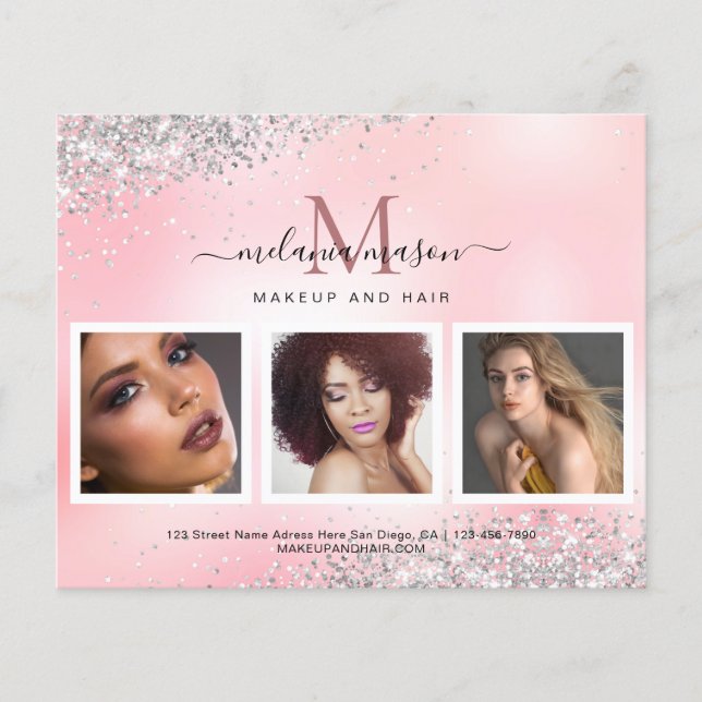 Silver Glitter Makeup Artist Salon Photo Pink Flyer (Front)