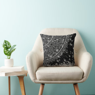 Silver Glitter Mandala with Silver Stars on Black Cushion