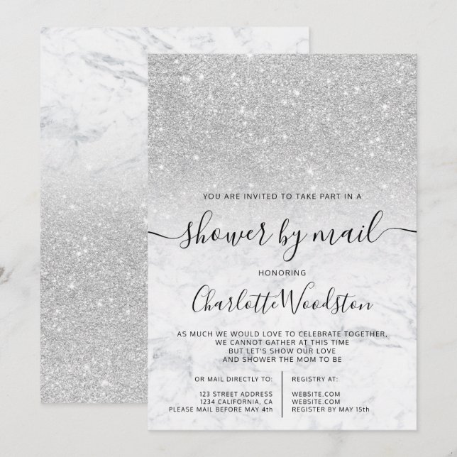 Silver glitter marble baby shower by mail invitation (Front/Back)
