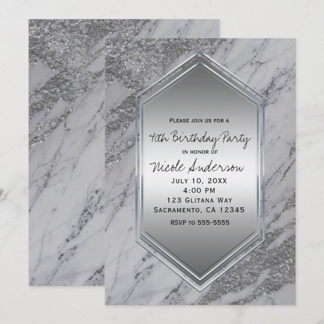 Silver Glitter Marble Birthday Party Any Event Invitation (Front/Back)
