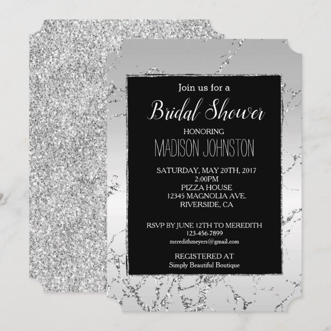 Silver Glitter Marble & Black  Invitation (Front/Back)