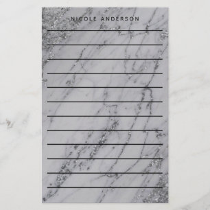Silver Glitter Marble Glam Trendy Modern Stationery