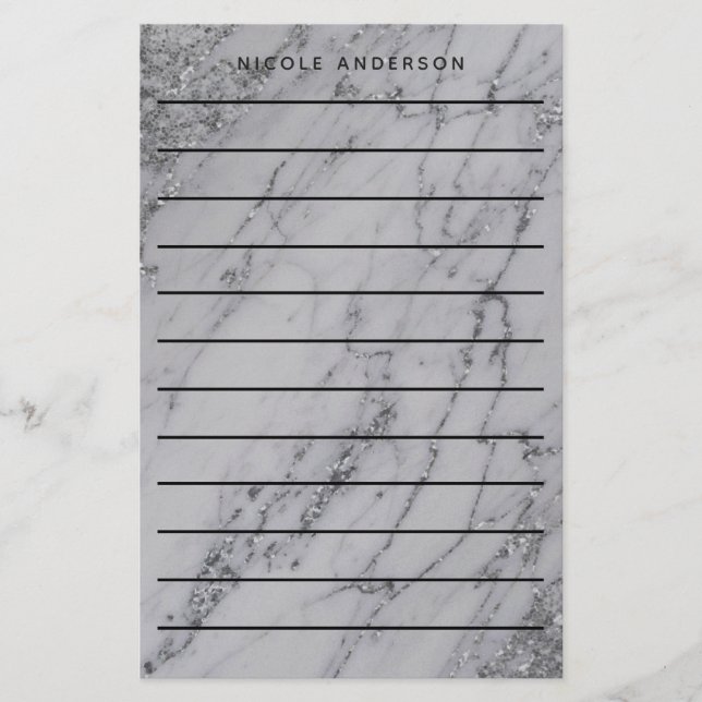 Silver Glitter Marble Glam Trendy Modern Stationery (Front)