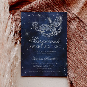 Silver glitter masquerade mask navy blue Sweet 16 Invitation