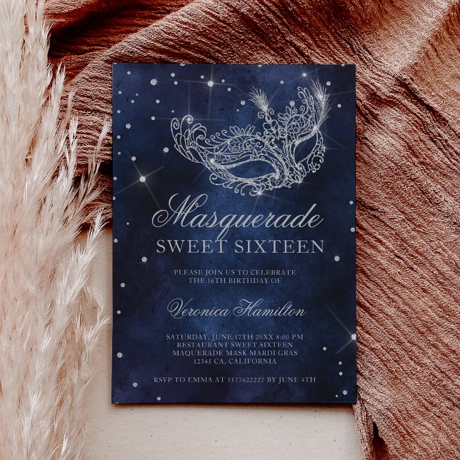 Silver glitter masquerade mask navy blue Sweet 16 Invitation (Silver glitter masquerade mask navy blue Sweet 16 Invitation)