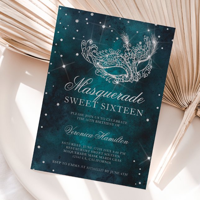 Silver glitter masquerade mask teal green Sweet 16 Invitation (Silver glitter masquerade mask teal green Sweet 16 Invitation)