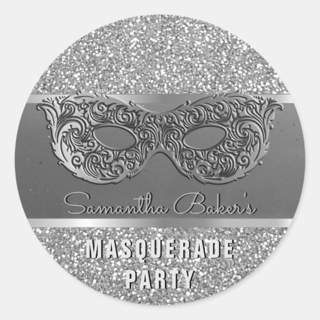 Silver Glitter Masquerade Party Glam Birthday Classic Round Sticker (Front)