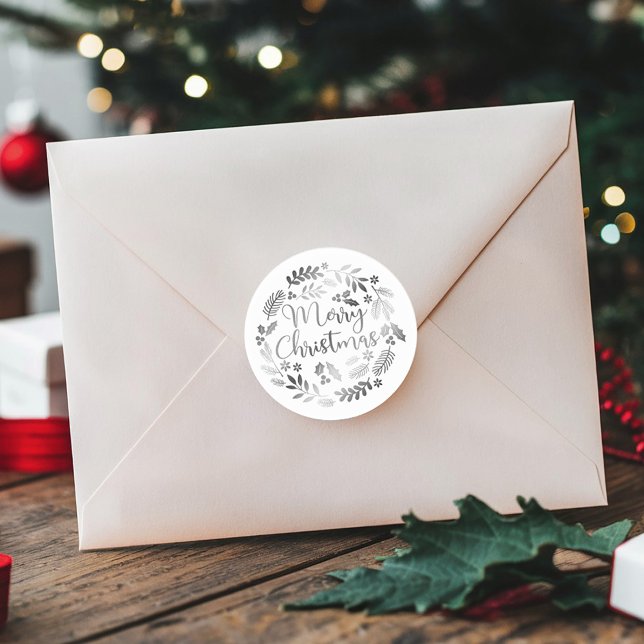 Silver Glitter Merry Christmas Classic Round Sticker (Creator Uploaded)