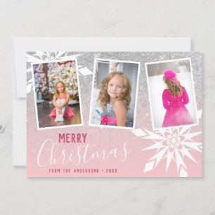 Silver Glitter Merry Christmas Custom Photo Holiday Card