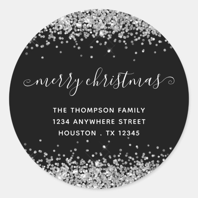 Silver Glitter Merry Christmas Name Address Black Classic Round Sticker (Front)