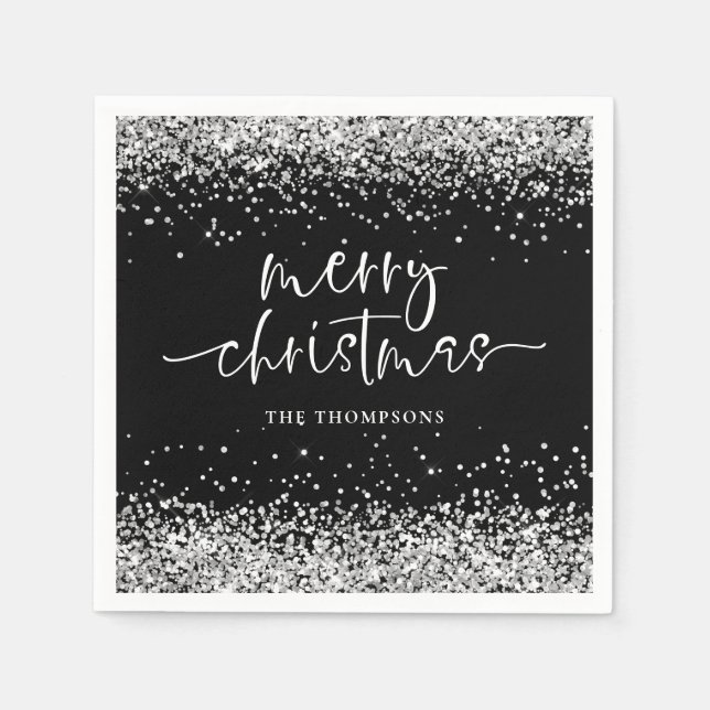Silver Glitter Merry Christmas Party Black Napkin (Front)