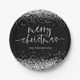 Silver Glitter Merry Christmas Party Black Paper Plate