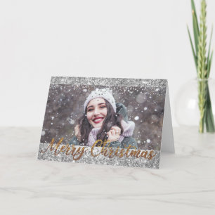 Silver Glitter Merry Christmas Photo Greeting Card