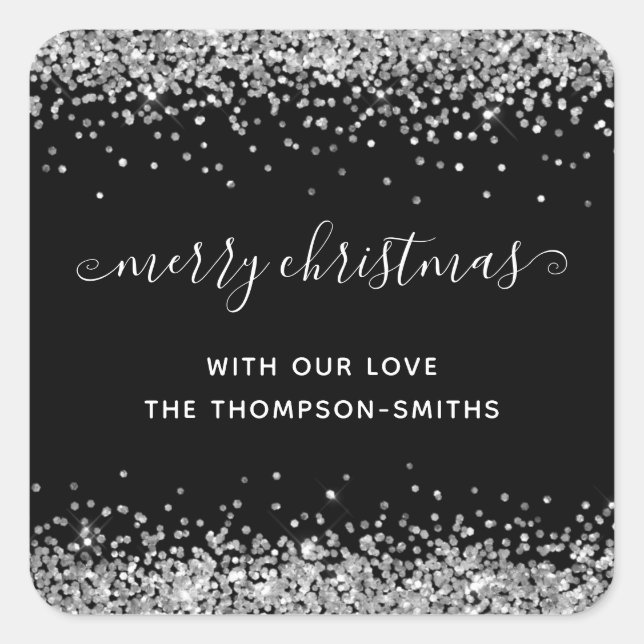 Silver Glitter Merry Christmas Script Names Black Square Sticker (Front)