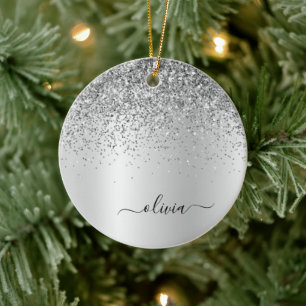 Silver Glitter Metal Monogram Glam Name Ceramic Tree Decoration