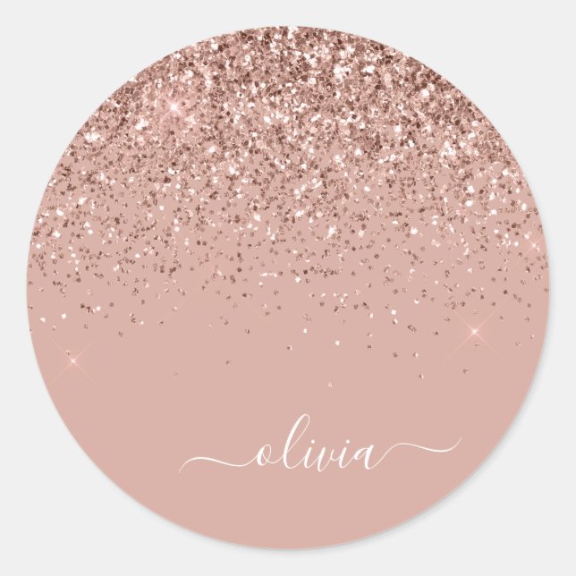 Silver Glitter Metal Monogram Glam Name Classic Round Sticker (Front)