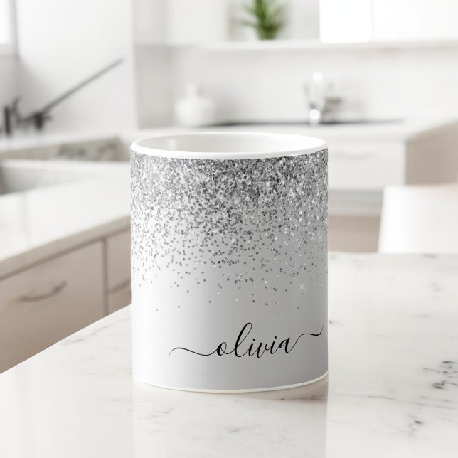 Silver Glitter Metal Monogram Glam Name Coffee Mug (Creator Uploaded)