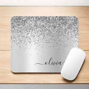 Silver Glitter Metal Monogram Glam Name Mouse Mat