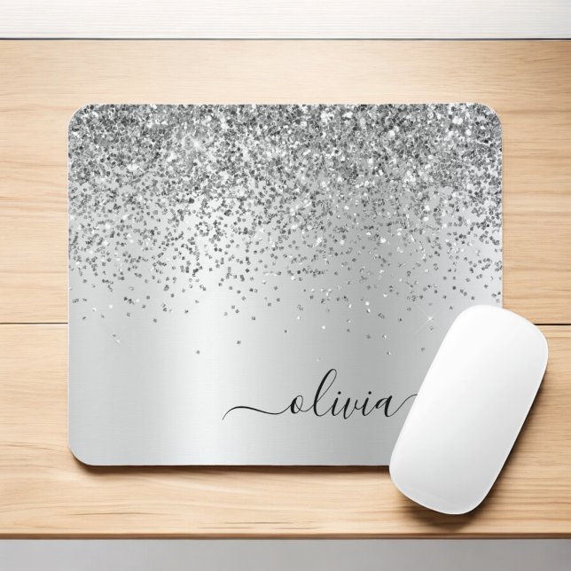 Silver Glitter Metal Monogram Glam Name Mouse Mat (Creator Uploaded)