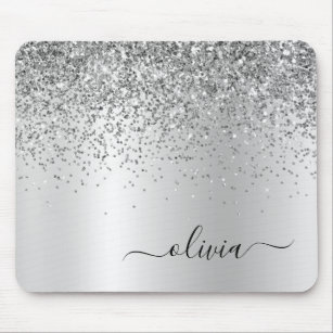 Silver Glitter Metal Monogram Glam Name Mouse Mat